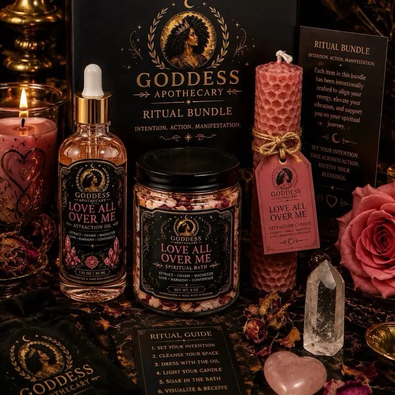 Goddess Apothecary Love All Over Me Complete Box Set - 20cm Witch Candles, Aroma Oil, Spiritual Bath Supplies, Light Scent Flower Home Supplies Gift, Complements Goal-Setting