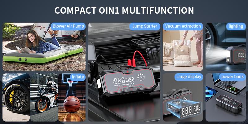 【Kapeezi】 Portable Car Emergency Starter Suitable for all gasoline engines and 6L diesel engines. 160PSI Tire Inflator 12V Battery Starter 18000mAh Power Bank with LED Light. 【Kapeezi】 Portable Car Emergency Starter Suitable for all gasoline engines and 6L diesel engines. 160PSI Tire Inflator 12V Battery Starter 18000mAh Power Bank with LED Light.