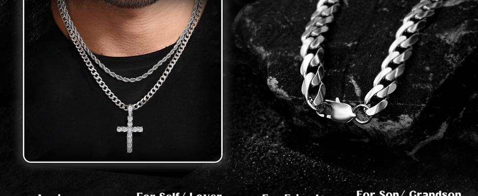 S925 Silver Cross Pendant Necklace Set for Men Women CZ Cross Pendant Layered Necklaces Stainless Steel Cuban Link Rope Chain Necklace Stack Jewelry with Gift Box 16-30 Inches