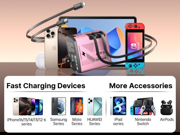 W&O 5-IN-1 GaN Fast Charger with Retractable Cable - 3 Port Fast Charging power bank android phones portable charger iphone 16 pro max case iphone 17 Pro Max 4 1 charging cable tablets mini travel products phone charm Compatible 120W Charger