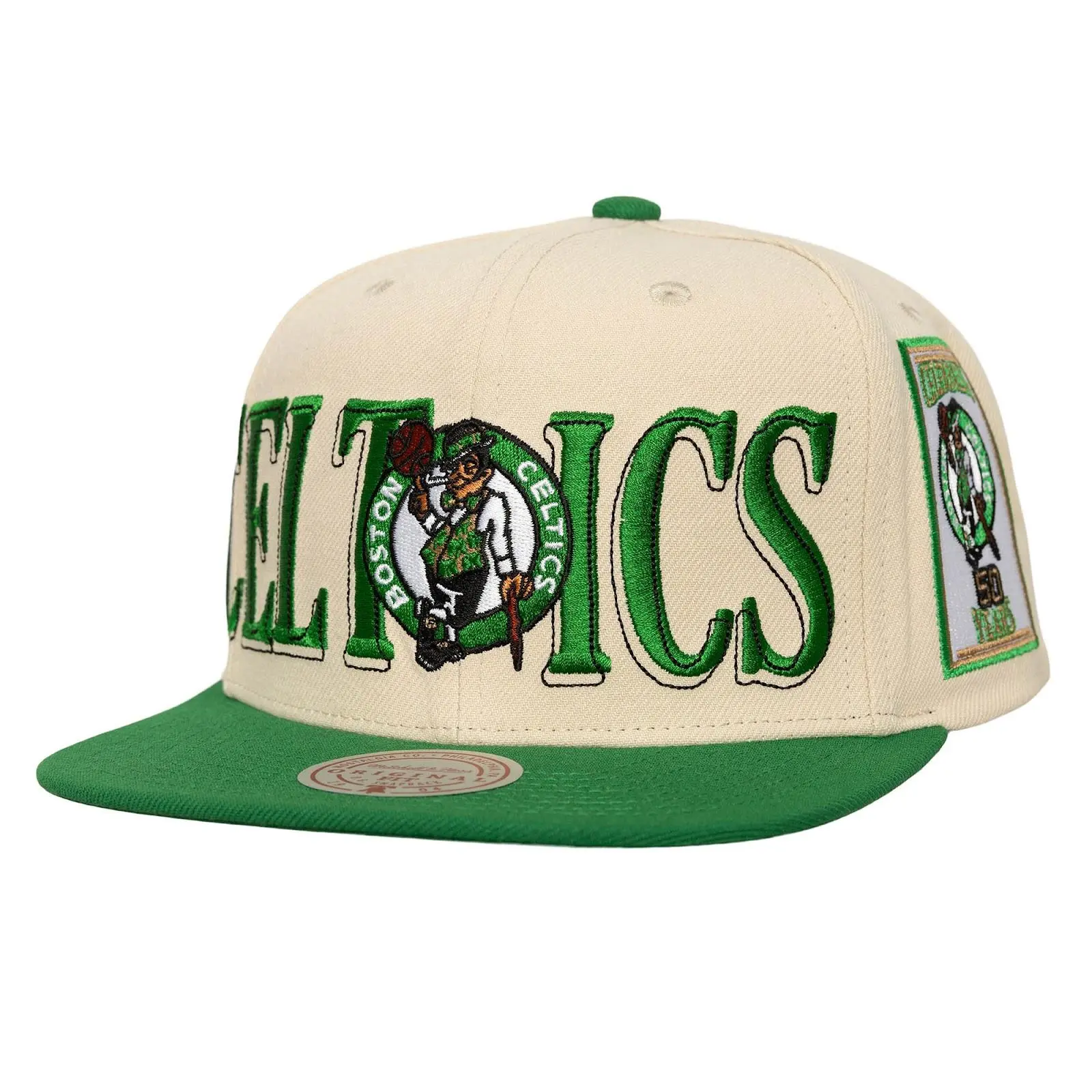 Mitchell & Ness Boston Celtics Cream Cotton Snapback Hat - Casual, Regular Fit, Graphic Team Logo Across the Board Design