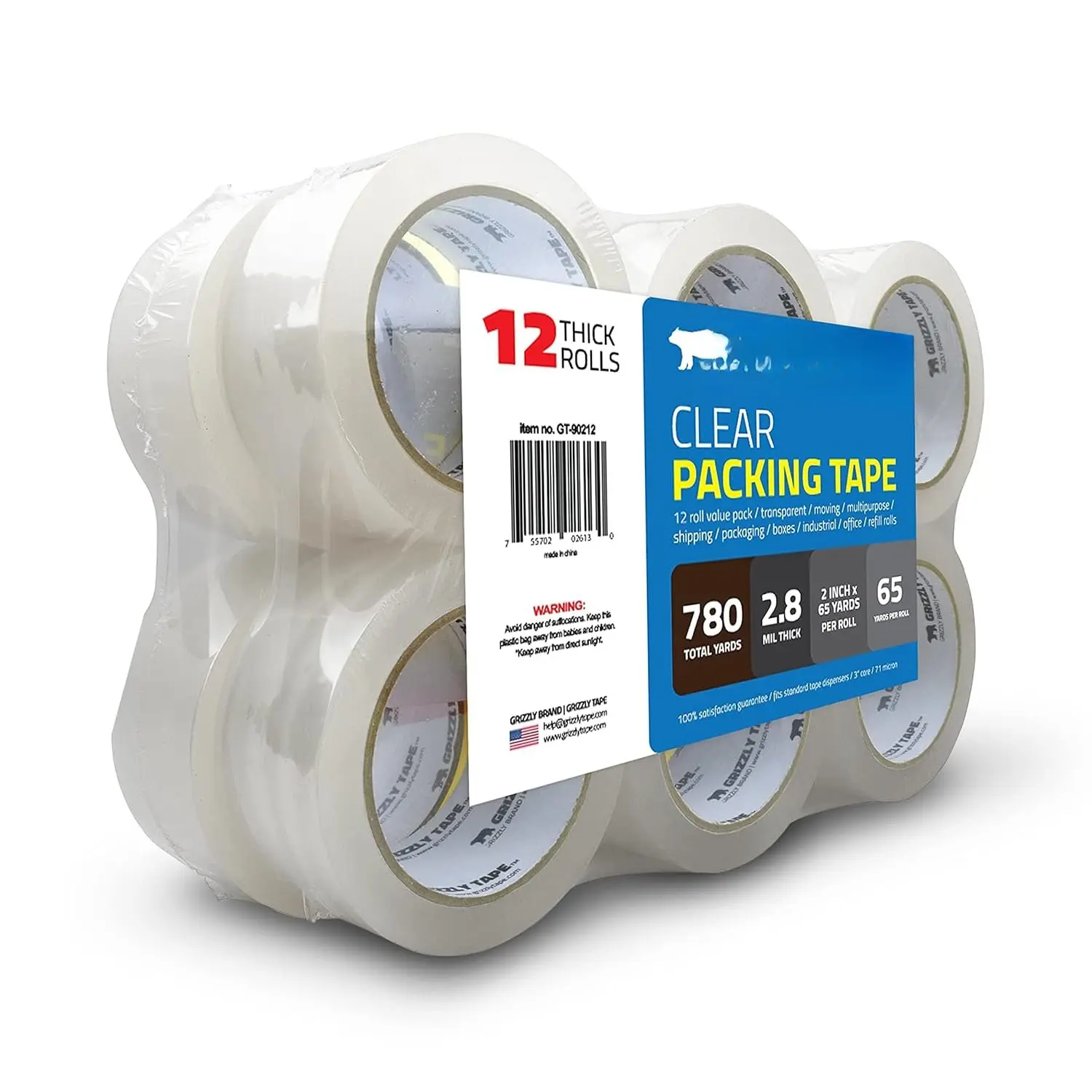 Clear Packing Tape Refill Rolls for Shipping, Moving, Packaging - True 2 Inch x 65 Yards, 2.8mil Thick, 12 Rolls