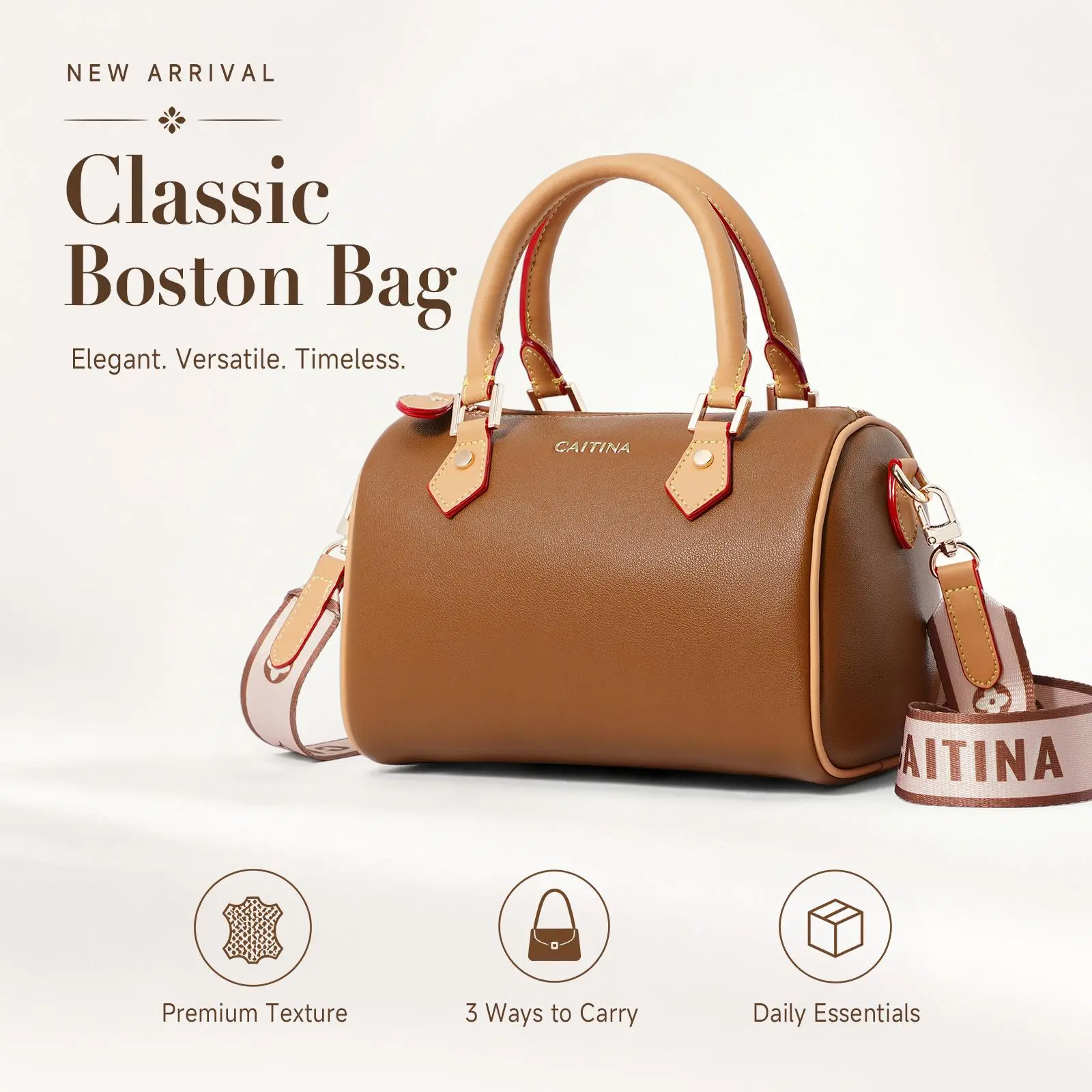 CAITINA CN7006 2026 Latest Retro Boston Bag, 2-in-1 Top Handle & Crossbody Bag for Daily & Travel