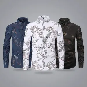 Men’s New Chinese‑Style Dragon‑Pattern Stand‑Collar Long‑Sleeve Shirt for Spring/Autumn