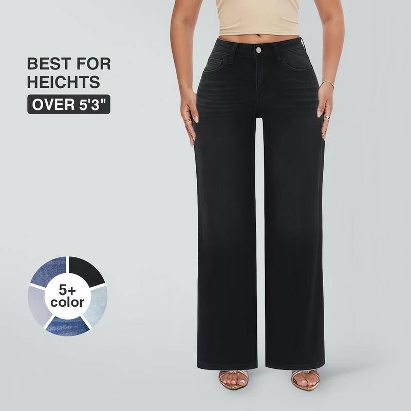 SHAPUM Mid-low Rise Women Baggy Jeans Casual Stretchy Loose Fit Straight Leg Jeans Distressed Pocket Wide Leg Long Denim Pants Comfortable Casual Floor-Length Trousers XS-XL