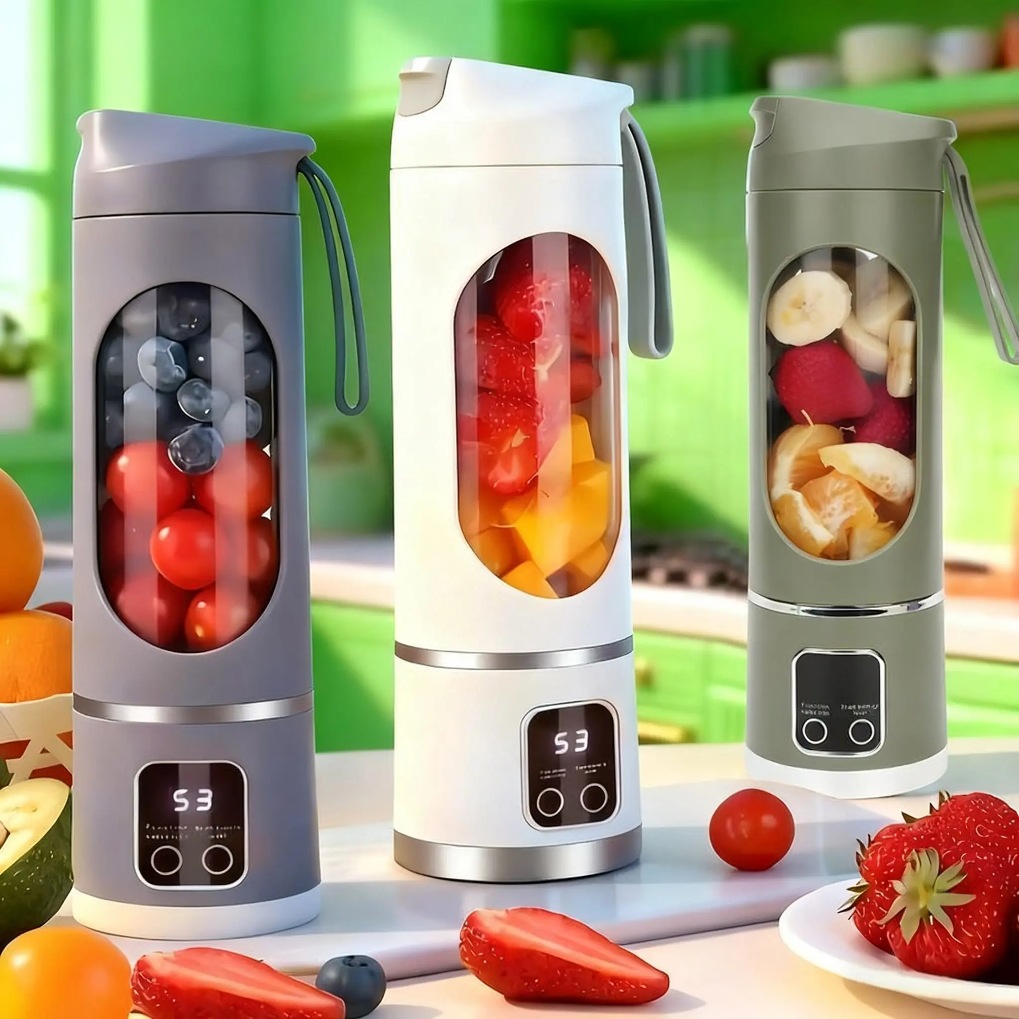 Portable Fruit Blender with Digital Display and Multiple Colors for Easy Use and Storage,Food-Grade Leakproof 450ml Blender Cup with 6 High-Speed Stainless Steel Blades,Ice Crushing Mixer for Gym Travel Dorm Camping Protein Shakes