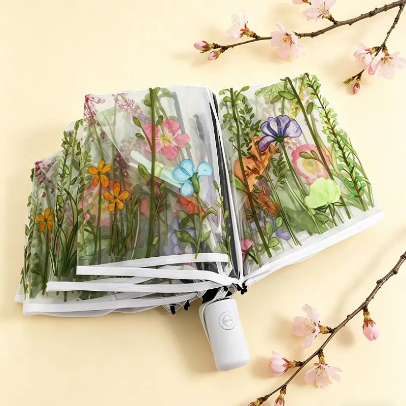 Transparent Umbrella Straight Pole Automatic Umbrella, Lightweight Folding Umbrella, Three-Fold Small Clear Umbrella, High Aesthetic Value, Floral Plants And Flowers, Whimsical Umbrella, Foldable Umbrella