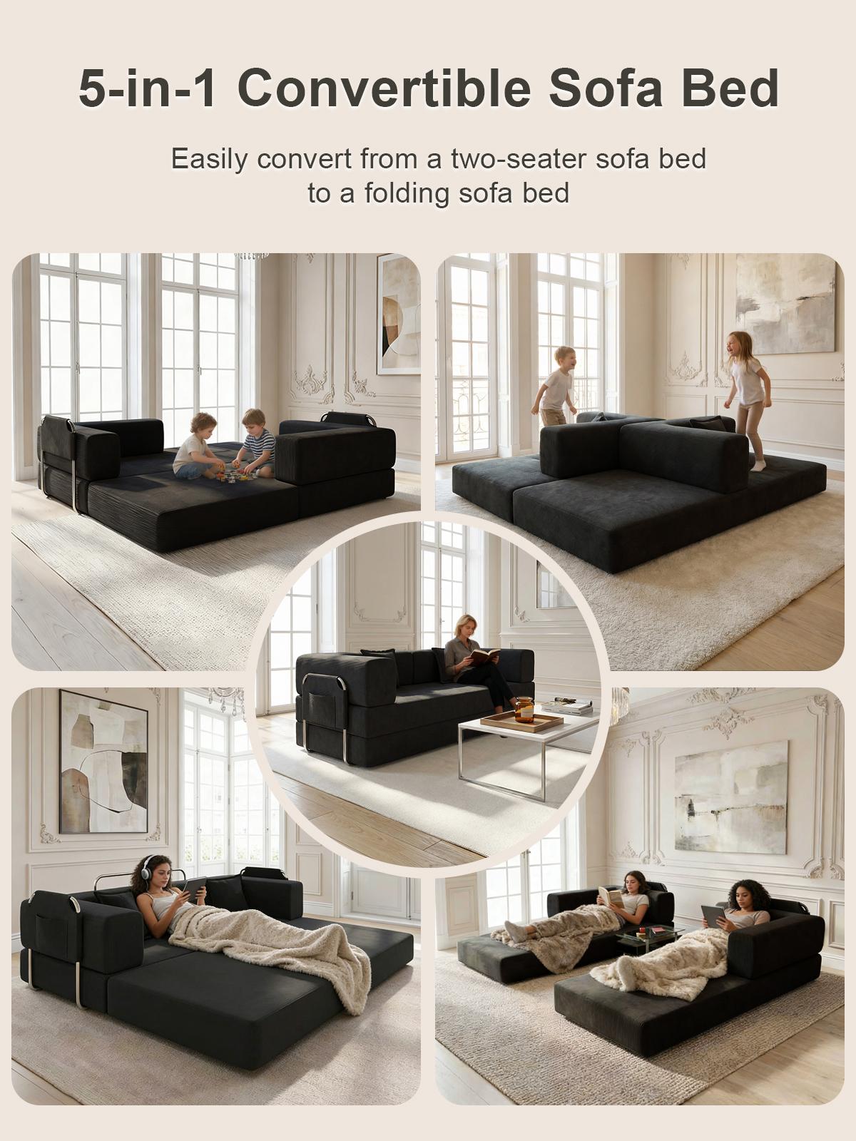 Compressed sofa, 79-inch convertible sofa bed, fixed frame, removable armrests, modular corduroy sofa bed, folding mattress sofa, suitable for small spaces - no assembly required, includes two pillows, black.
