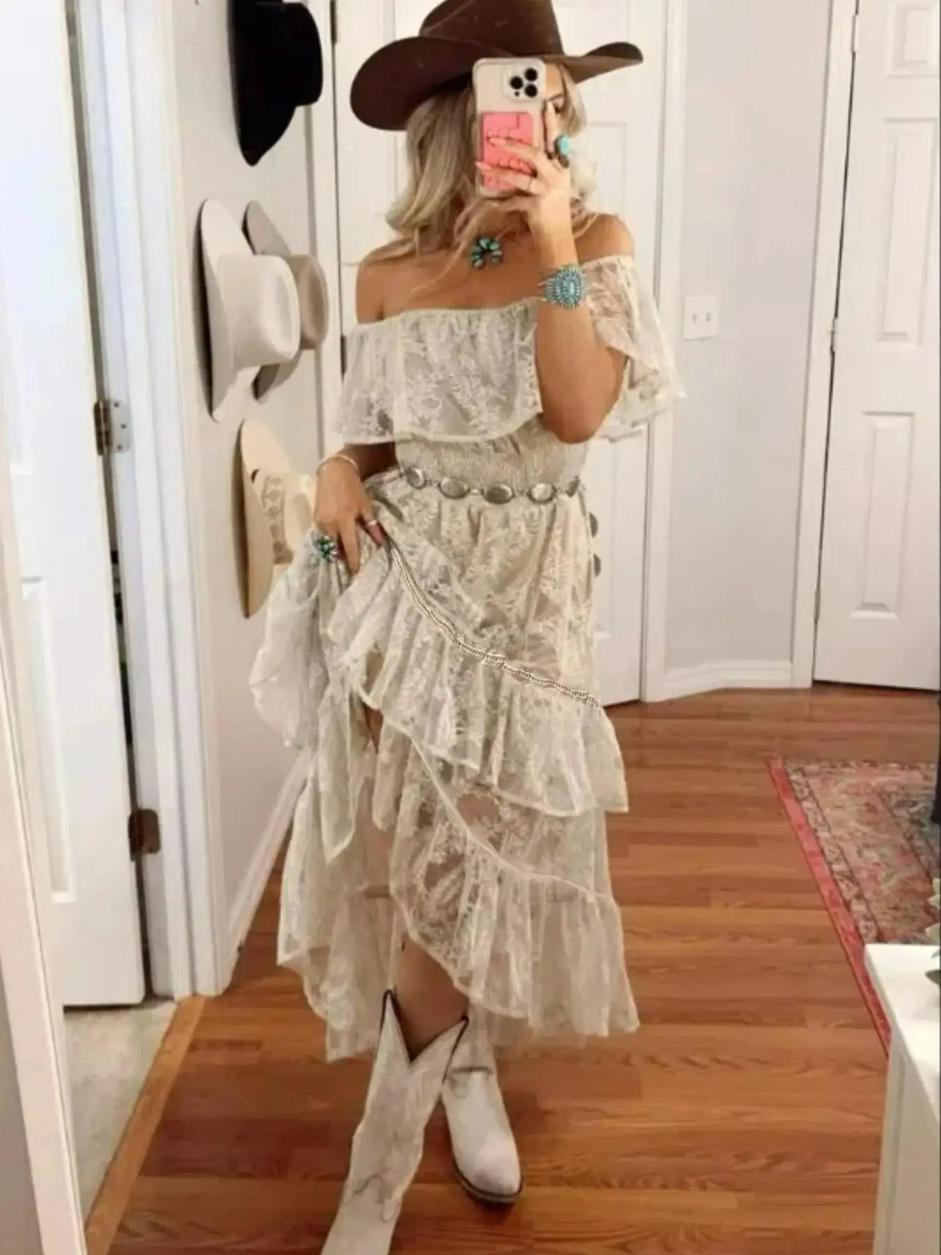 Women's Off Shoulder Ruffle Tiered Dress, Elegant Chic Asymmetrical Flounce Sleeve Dress for Summer, Lace Sleeve Dress, Women's Clothing for Beach Holiday, Womenswear, Boho Summer Outfit, Bohemian Chic Dress