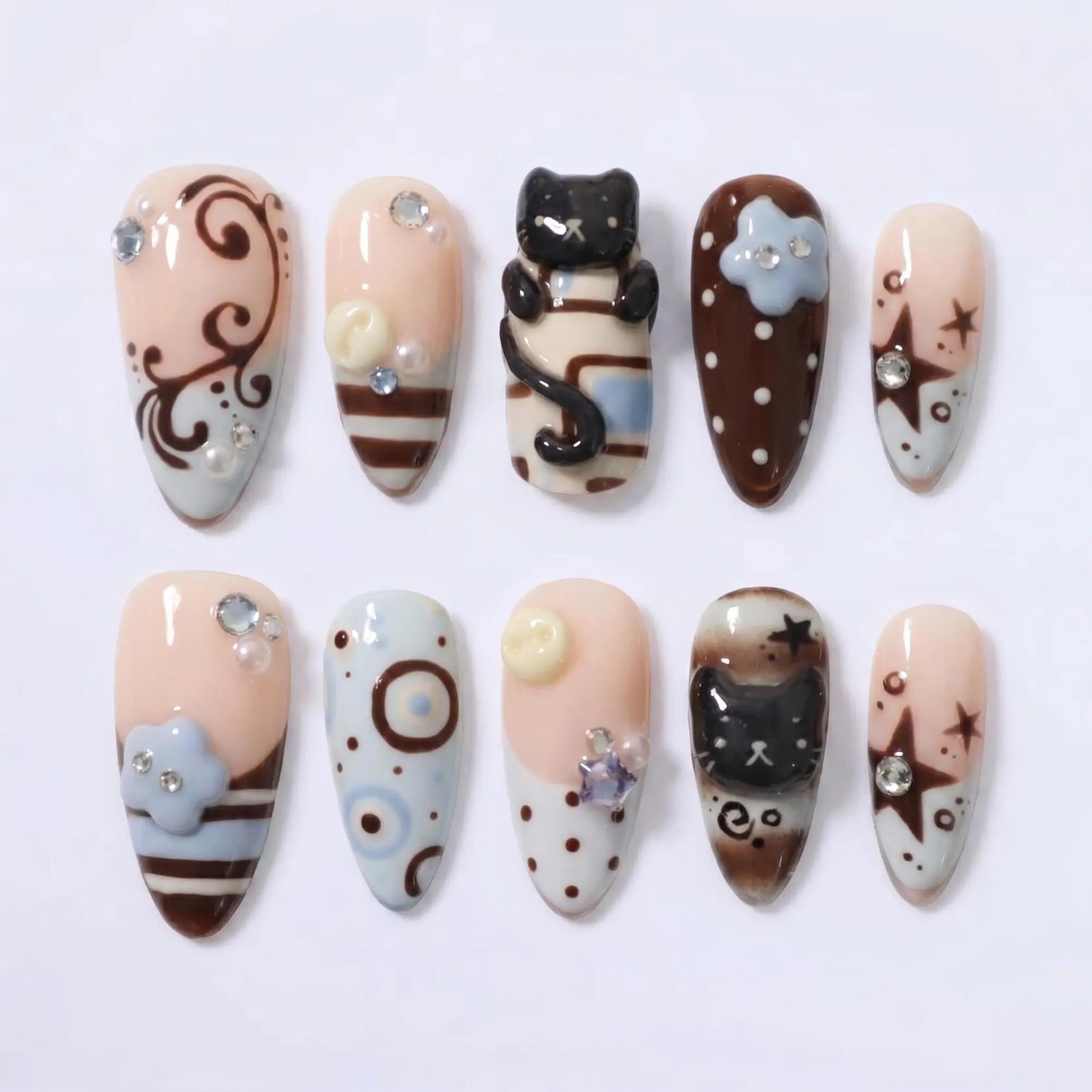 Mismatched 3D Kawaii Black Cat Press on Nails with Baby Blue & Chocolate Brown | Fake Nails in Short Almond | Retro Cute Art