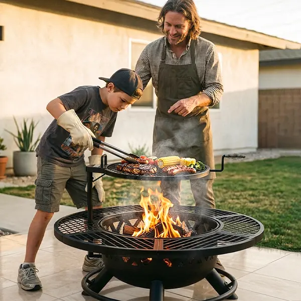BALI OUTDOORS Game Day 2-in-1 Wood Burning Fire Pit with Removable Cooking Grill Black Ultra-Durable Iron Grate 360-Degree Rotation Adjustable Height for Heating and BBQ