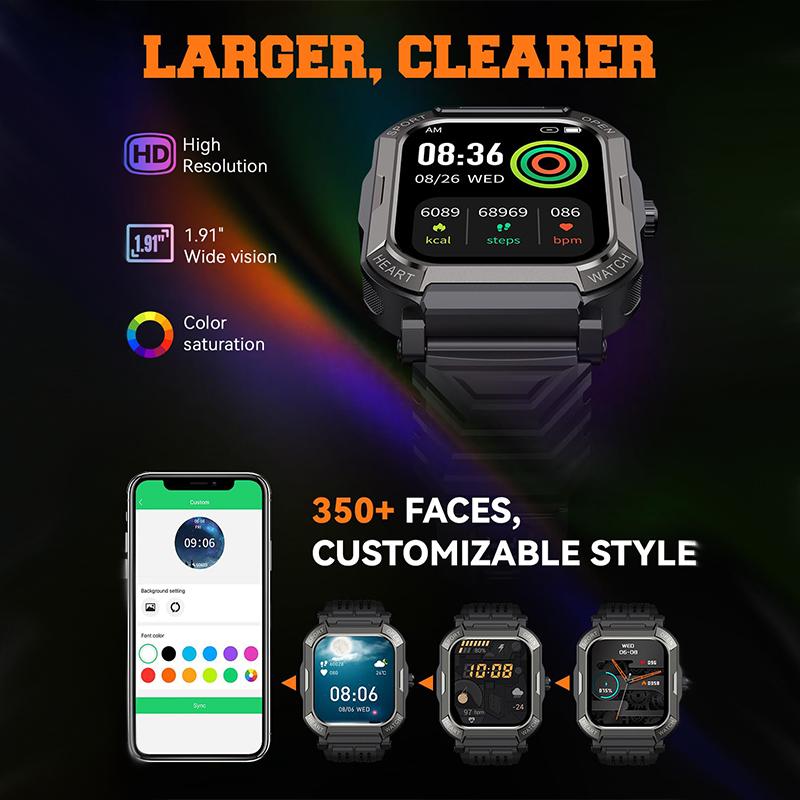 [Valentine's Day] Tukio 2026 Military Smart Watch for Men 1.91'' Fitness Tracker with IP68 Waterproof Step Counter Sleep Monitor 110+ Sport Modes Compatible with Android & iPhone Wearable