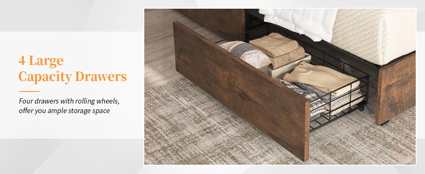 AMERLIFE Full/Queen/King Size Bed Frame with Storage Bookshelf Headboard, Industrial Wooden Bed Frame with Charging Station & 4 Drawers, No Box Spring Needed/Luxury Bedroom Furniture AMERLIFE Full/Queen/King Size Bed Frame with Storage Bookshelf Headboard, Industrial Wooden Bed Frame with Charging Station & 4 Drawers, No Box Spring Needed/Luxury Bedroom Furniture