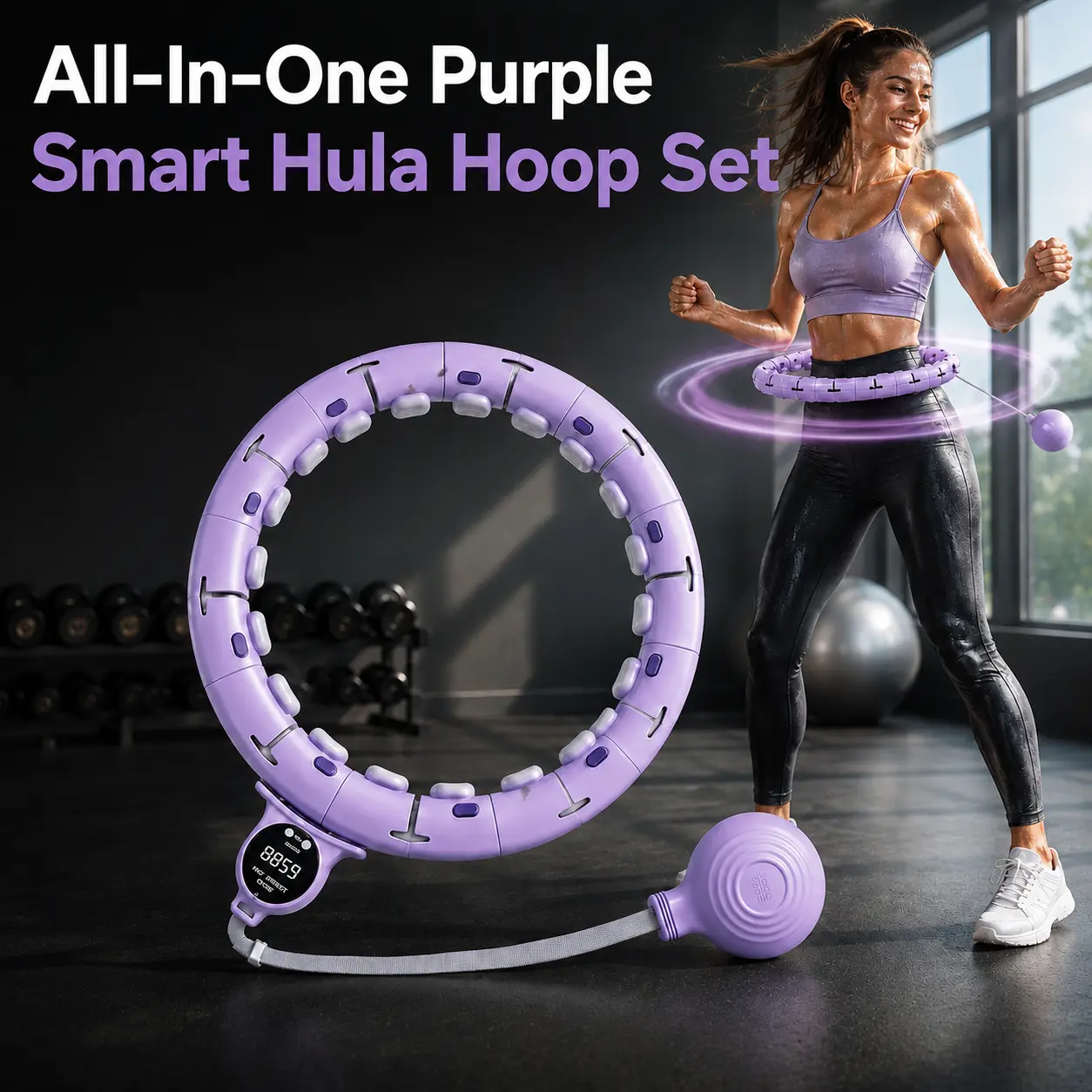 Purple Smart Fitness Hoop Set, Detachable Adjustable Segments with Digital Counter & Silent Steel Bearings, 360° Silicone Massage Pads, Weighted Ball, Portable At-Home Workout Equipment Fits 65cm-90cm Waist Portable Hula Hoop Weighted Hula Hoops