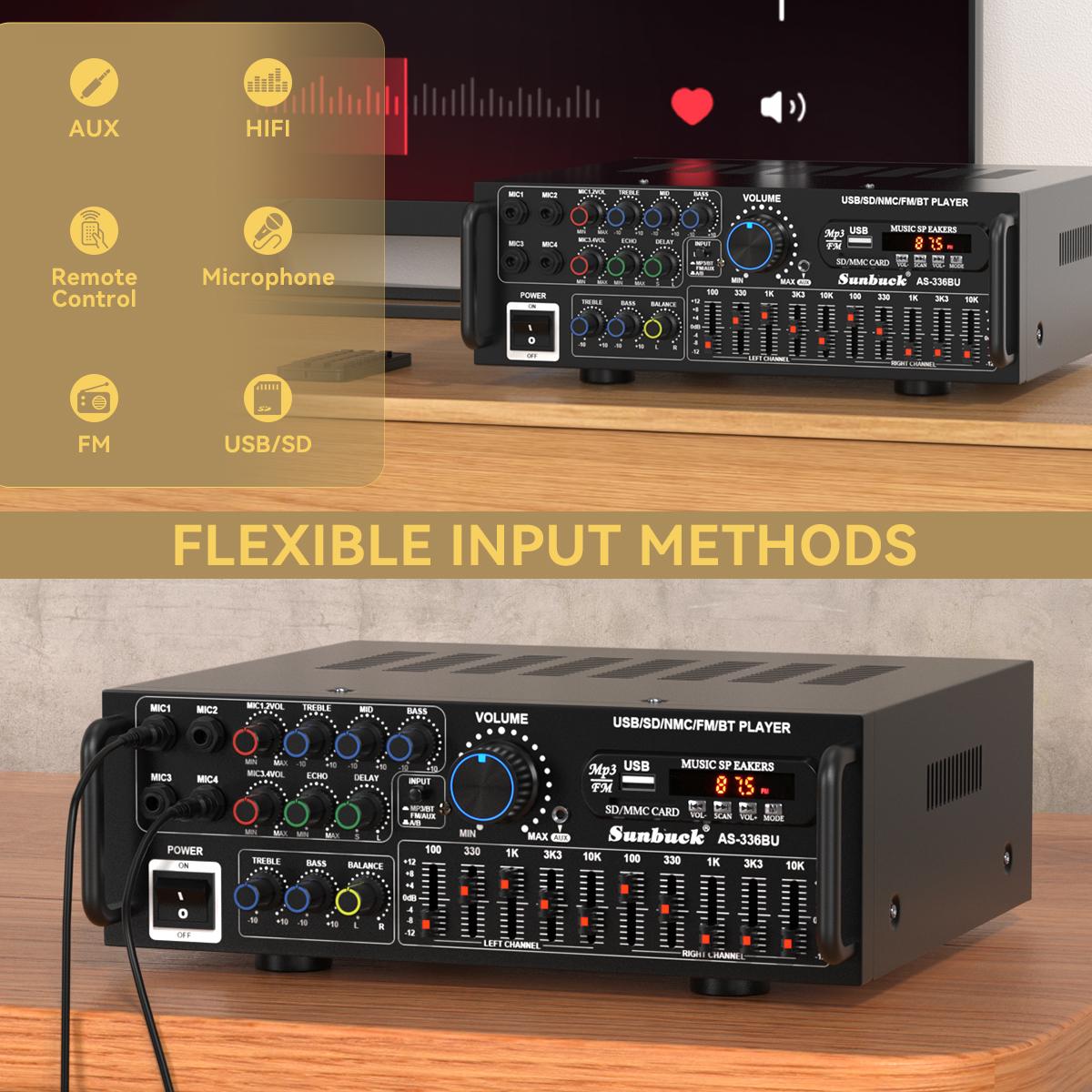 Areyourshop Power Amplifier EQ Bluetooth 5.0 Stereo Amplifier with Remote Control Support USB Disk SD Card for Home Cinema Party