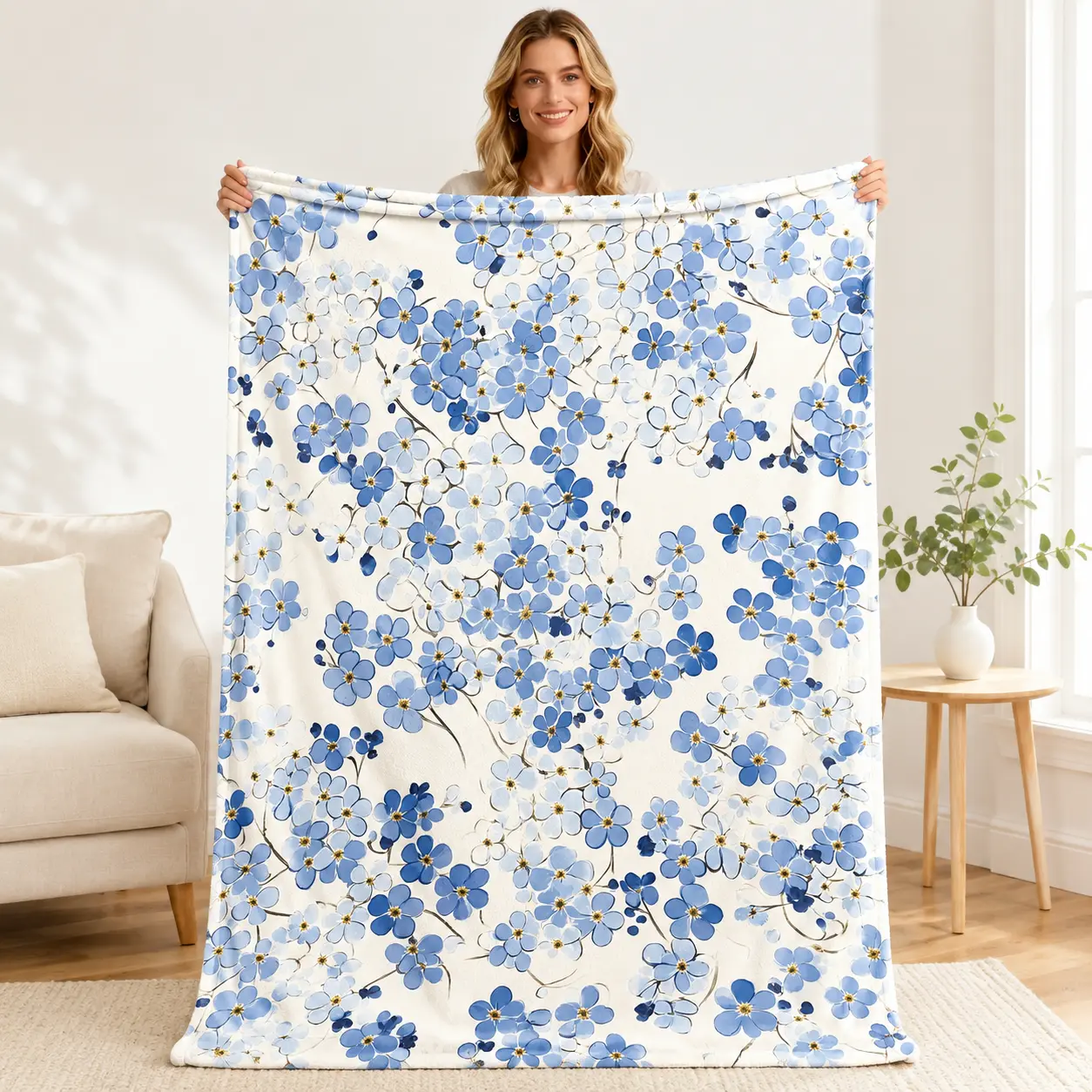 Vintage Blue Forget-Me-Not Wildflower Soft Flannel Blanket - 1-Piece, Plush Texture, Warmth, Multi-Size, Home Relaxation Throw, Ideal Birthday Gift for Flower Lovers, Cottagecore Bedroom Sofa Decor