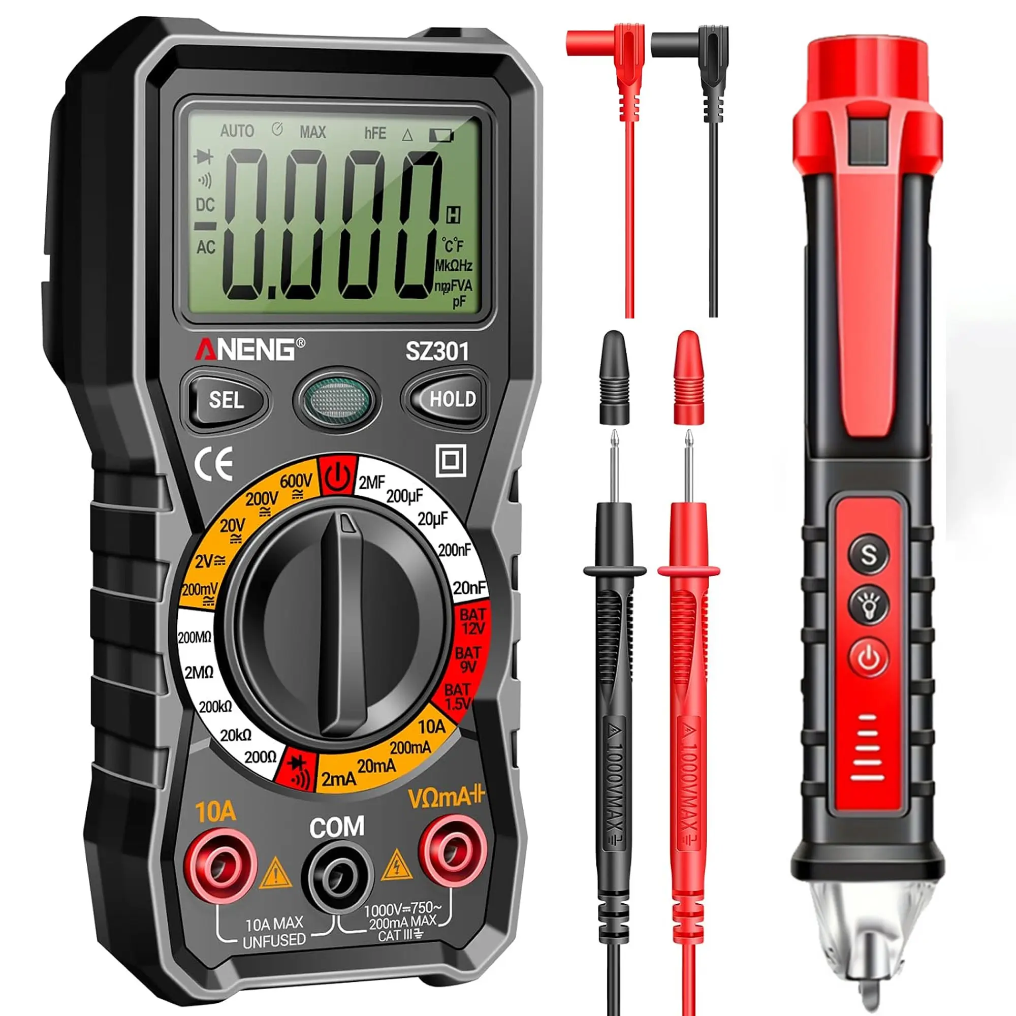 SZ301 Digital Multimeter with Rubber Shell, Test Leads, Carrying Case & Built-In Light - Auto-Manual Range DC/AC Voltmeter, Ohmmeter, Ammeter, Non-Contact Voltage Tester for Auto Repair Tools, Hobbyists, Home Electrical Tasks, Live Wires