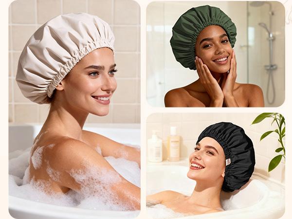 Yanibest Shower Cap for Women Reusable Waterproof,Satin Lined Bath Cap with Soft Elastic Band,Large Washable Hair Caps for Shower