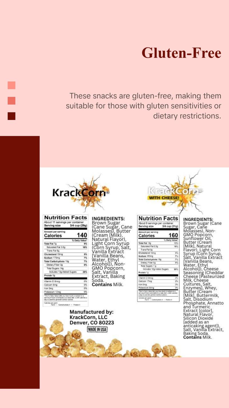 KrackCorn Popcorn 6-Large Bags Mixed with the Original Crunchy Caramel and KrackCorn With Cheese. Non-GMO, Gluten Free, Family Recipe Crunchy Snacks KrackCorn Popcorn 6-Large Bags Mixed with the Original Crunchy Caramel and KrackCorn With Cheese. Non-GMO, Gluten Free, Family Recipe Crunchy Snacks