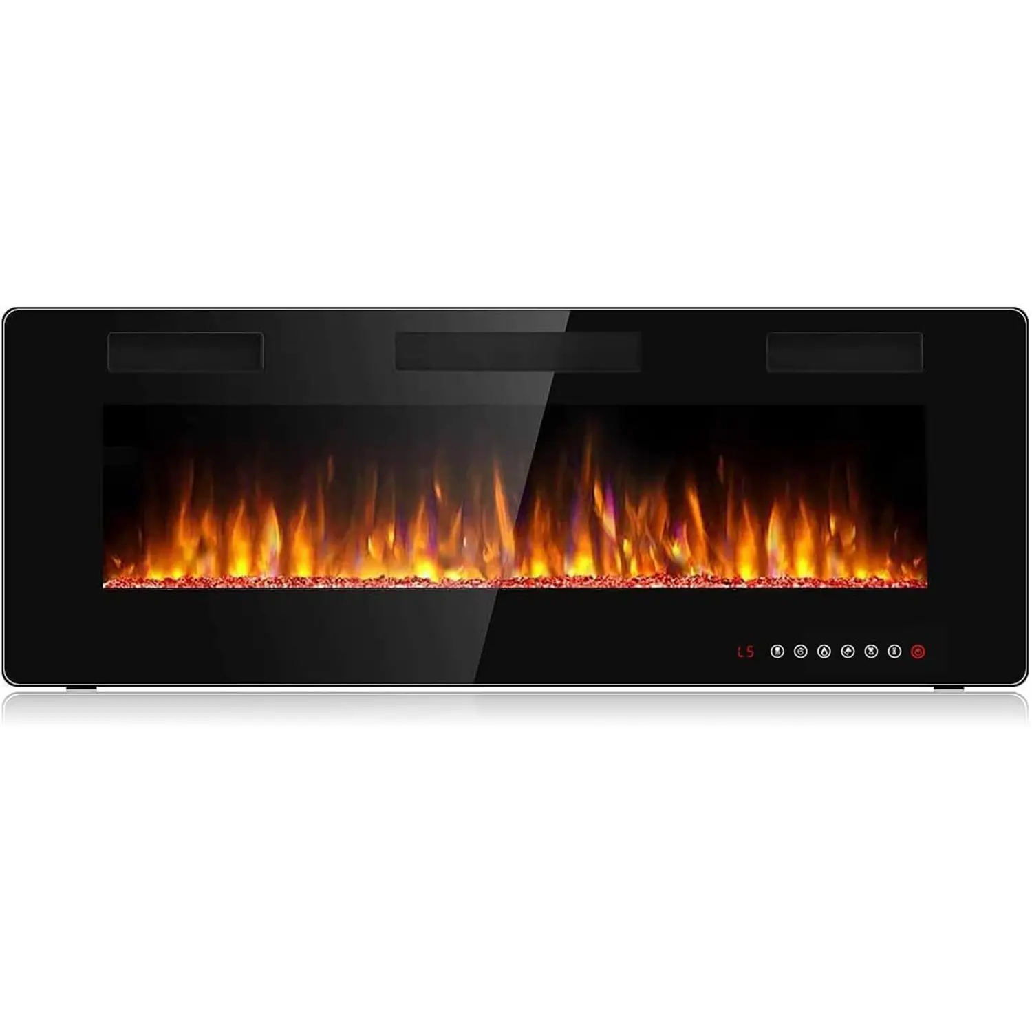 PUKAMI Ultra-Thin Silent Linear Electric Fireplace Furniture - 3.85in Thick 1500W Power Heated Home Heater with Automatic Heating System, Tempered Glass, 2x4 & 2x6 Stud Fit, 12 Adjustable LED Light Flame Colors, Speeds, Flame Control, Timer, Indoor Use, 1