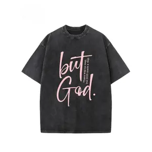 Vintage Creative Pattern 'There Is No Way But God Made A Way' Printed Washed T-shirt Heavy 230g Cotton Washed T-shirt Off-Shoulder T-shirt Men's Vintage Street T-shirt Basic T-shirt Loose Hip-Hop Unisex Top Washed Retro T-shirt