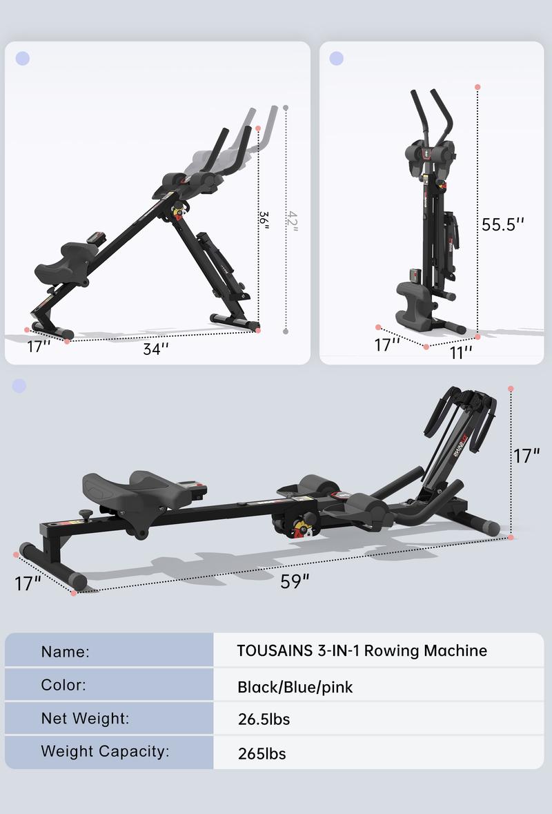 【February Deal】Tousains 3-in-1 Abmachine & Rowing Machine with Adjustable Height, Resistance Levels & LCD Display - Foldable, Stable Steel Frame, Core-Focused Moves & Functional Resistance Exercises