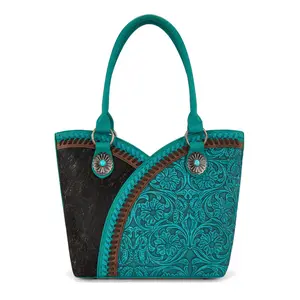 Turquoise Montana West Tooled & Cowhide Whipstitch Tote Bag - Turquoise