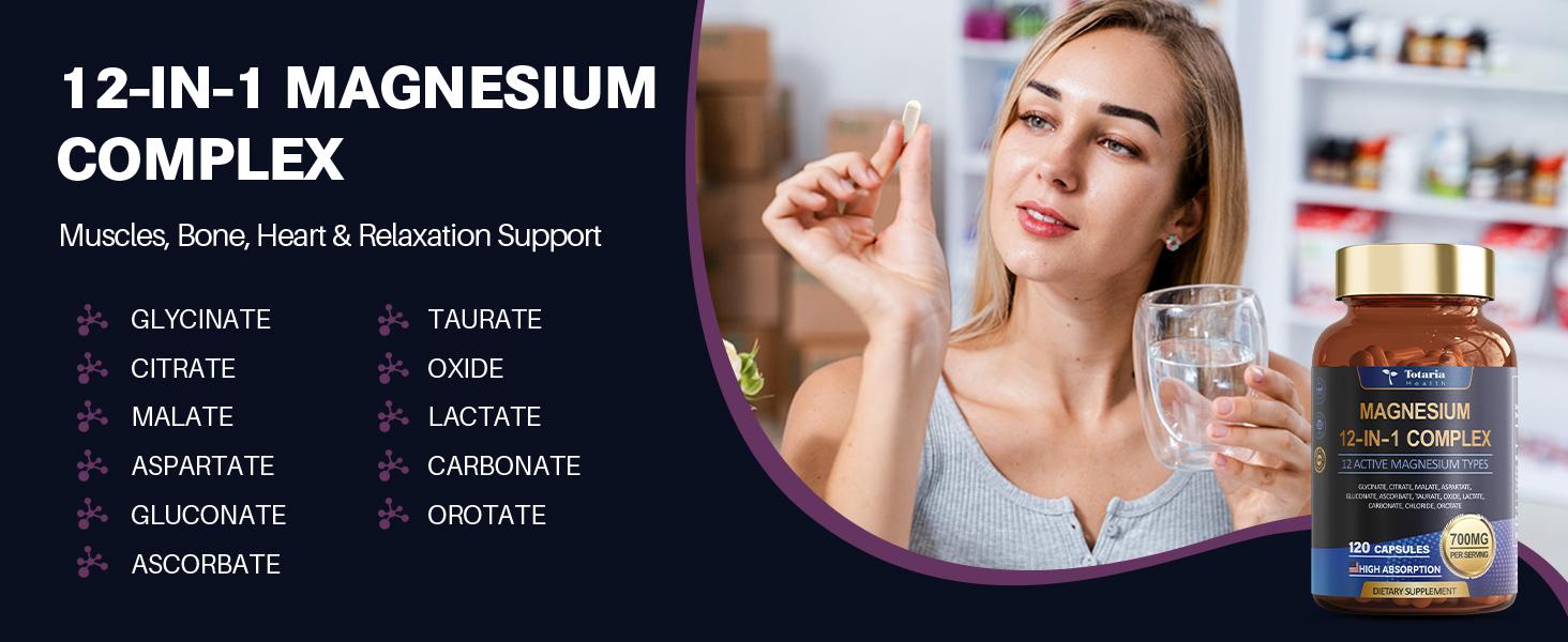 2 pack/3 pack Totaria 12-in-1 700mg Magnesium Complex | Glycinate Citrate Malate Oxide Taurate Aspartate Orotate, Vegan Capsules for Muscle, Heart, and Relaxation Support | Non-GMO | 240 captures