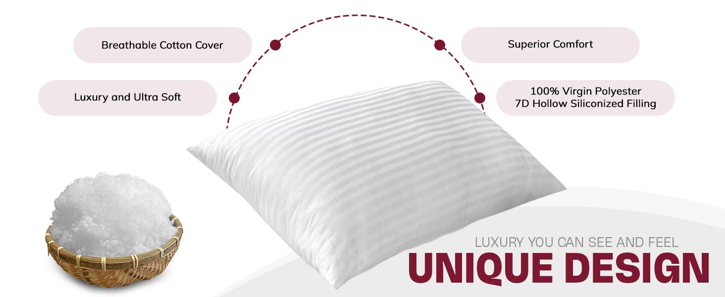 Lux Decor 2Pc Stripe Pillows - White Hotel Luxury Pillows - King & Queen Size- Cotton Pillows For Back, Stomach & Side Sleepers With Envelope Closure