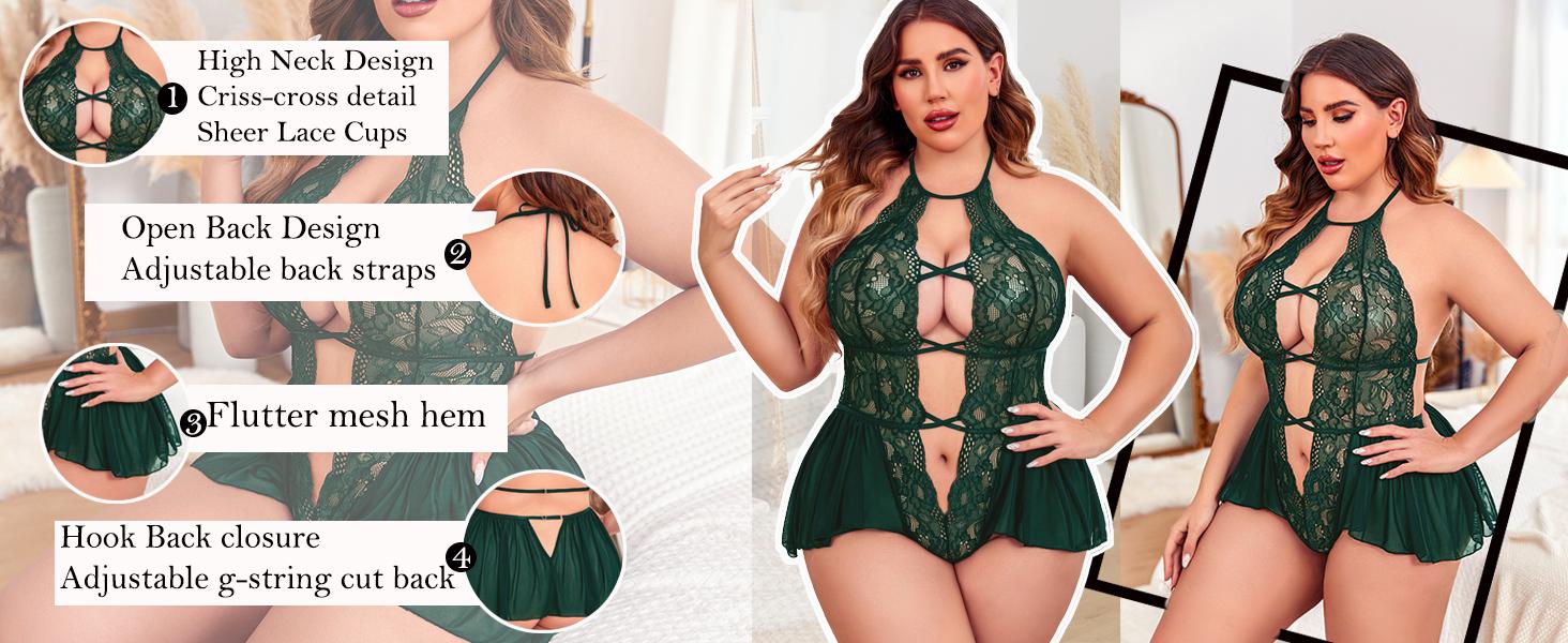 Avidlove Womens Plus Size Lingerie Lace Bodysuit Deep V One Piece Sheer Floral Halter High Neck Adjustable Straps Breathable Mesh Bottom