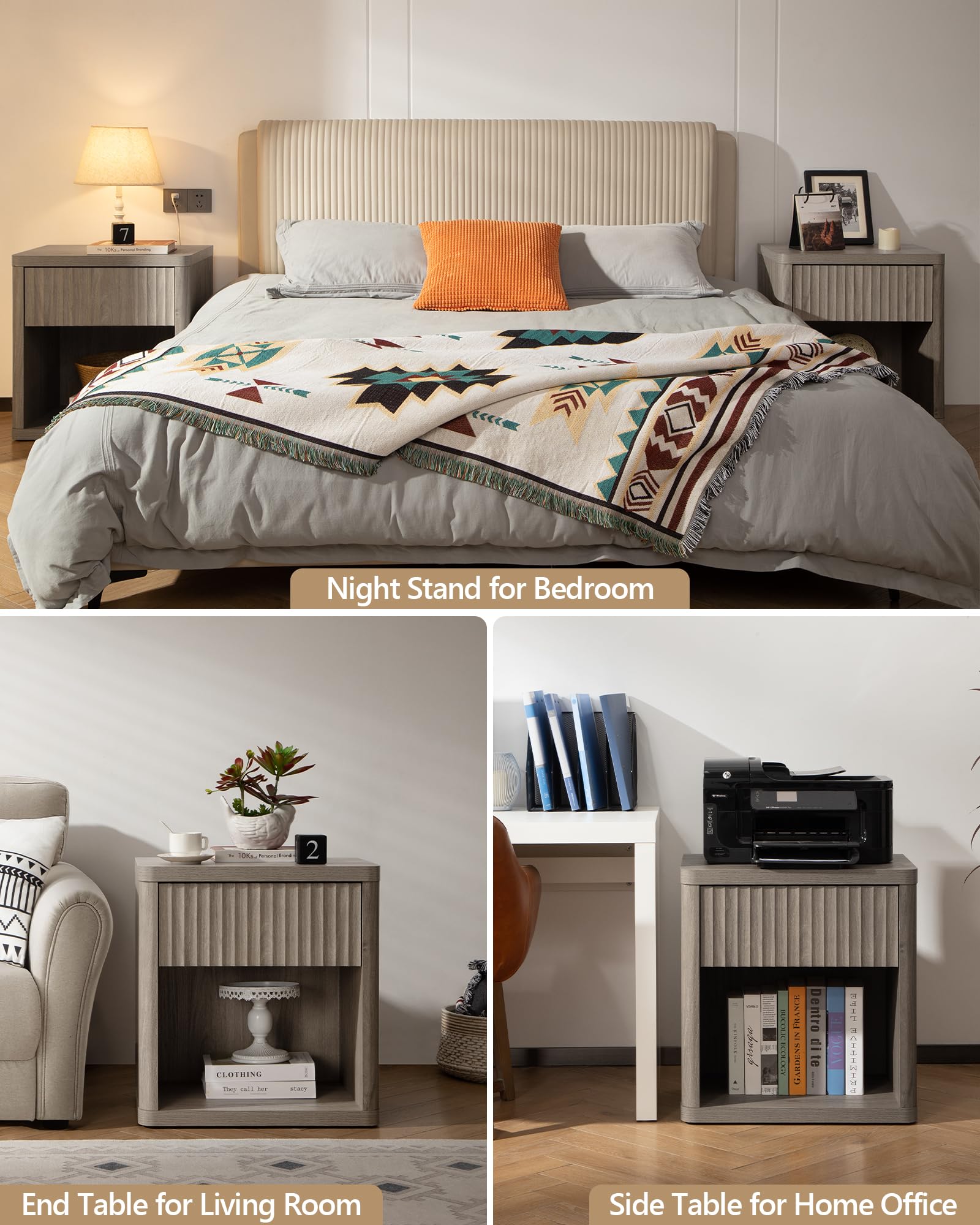 SICOTAS Nightstand Set of 2 with Drawer, Modern Wide Bedside Table for Bedroom, 22.7 x 15.4 x 24.1 Size Mid-Century End Table with Storage, Sturdy Night Stand for Sofa, Couch, Living Room, Office