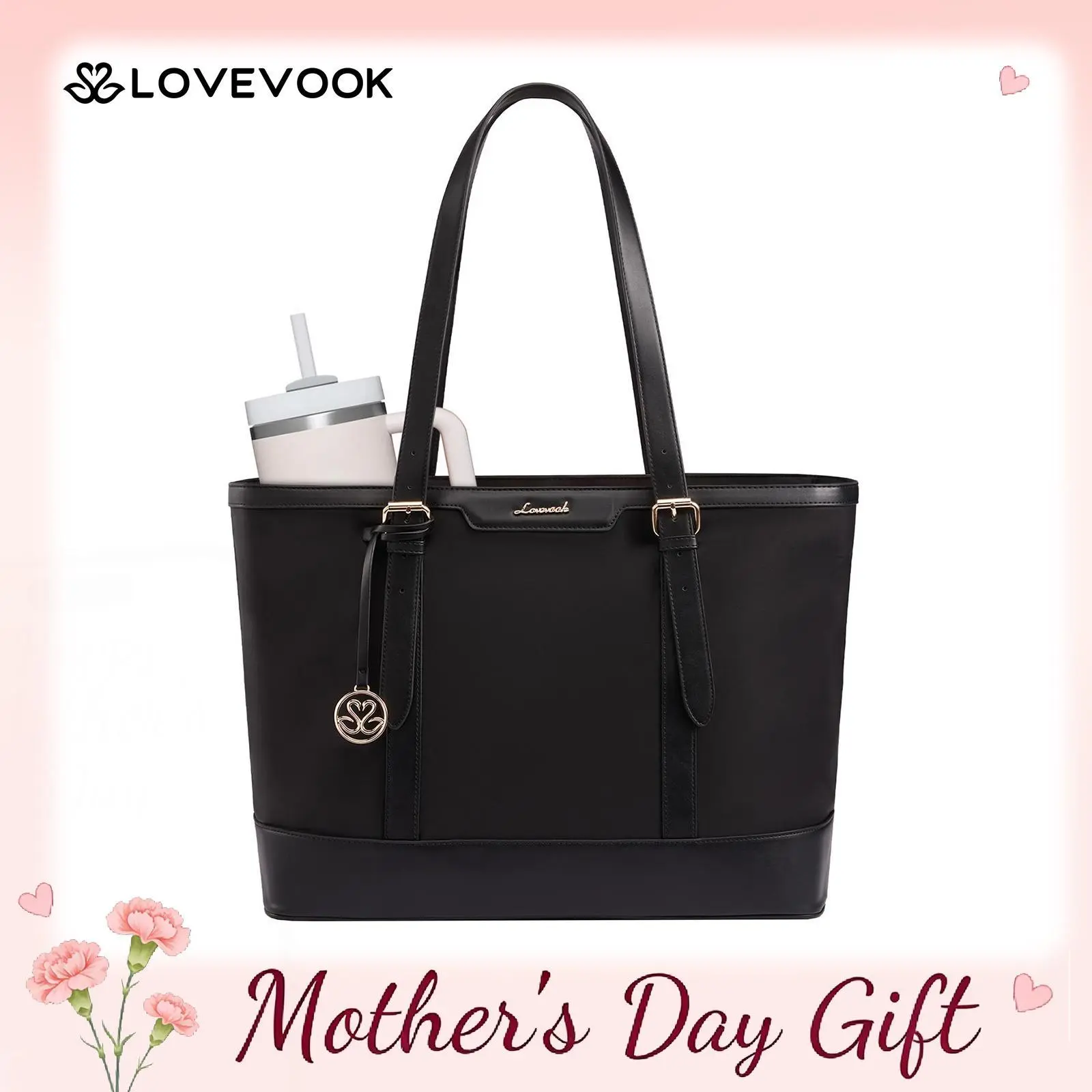 LOVEVOOK Work Tote Bag for Women 15.6 Inch Laptop Computer Bags with Cup Holder, Large Teacher Bag Briefcase for Business Office Travel Black, Nylon&PU TikTokShopBackToSchool