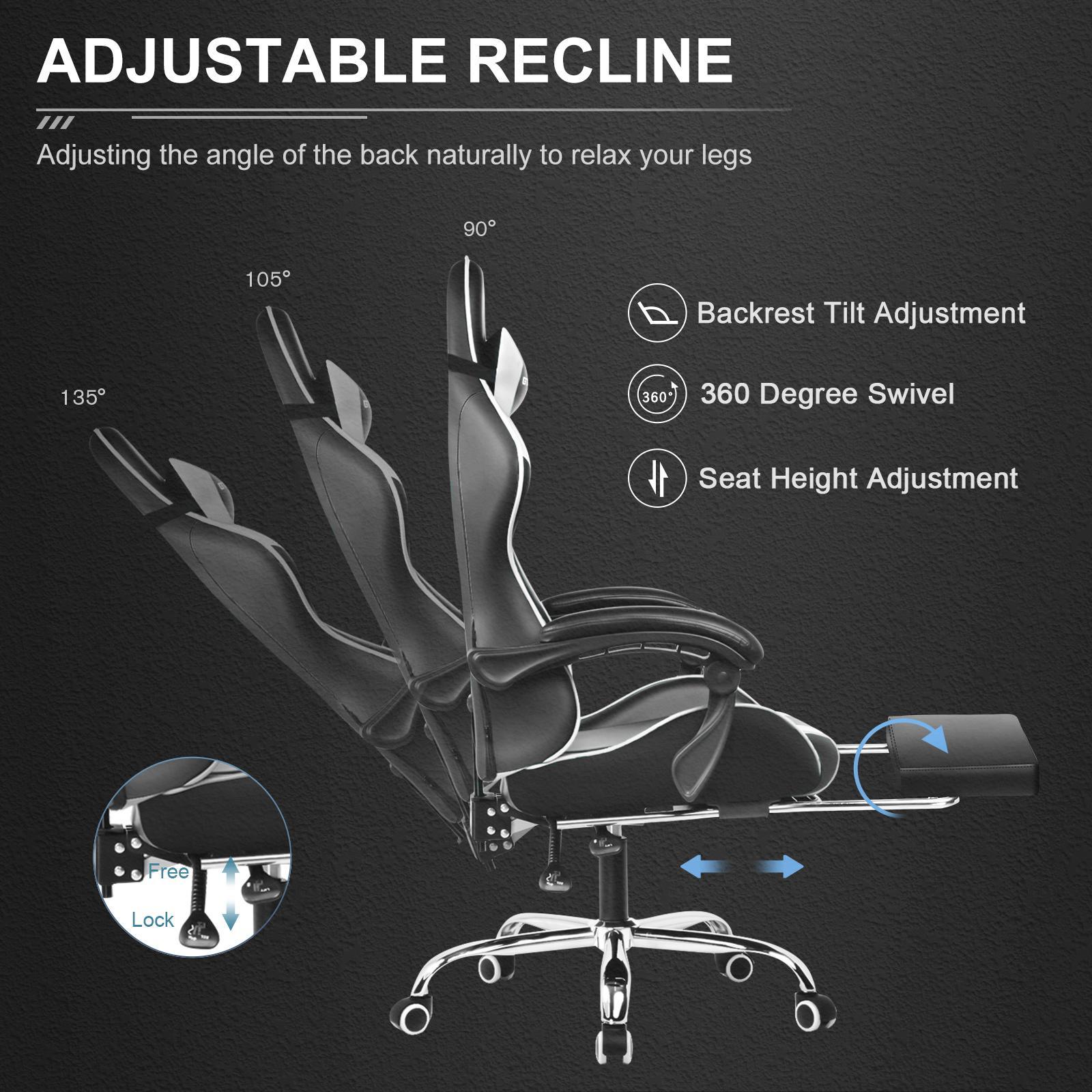GTPLAYER Gaming Chair, Computer Chair with Footrest and Lumbar Support, Height Adjustable Game Chair with 360°-Swivel Seat and Headrest and for Office or Gaming