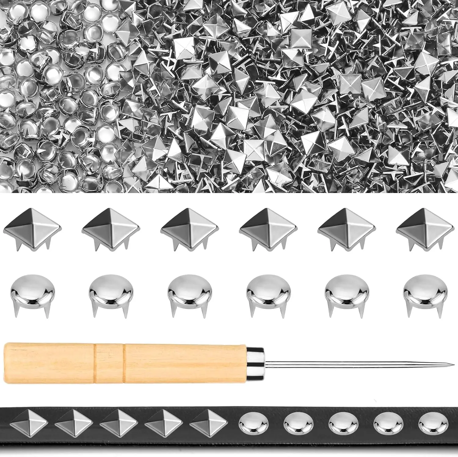 1250PCS Comprehensive Crafting Metal Studs Sewing Kit - 10mm Pyramid/Round Studs, Leather Rivets, Awl for Versatile Use on Clothing, Jackets