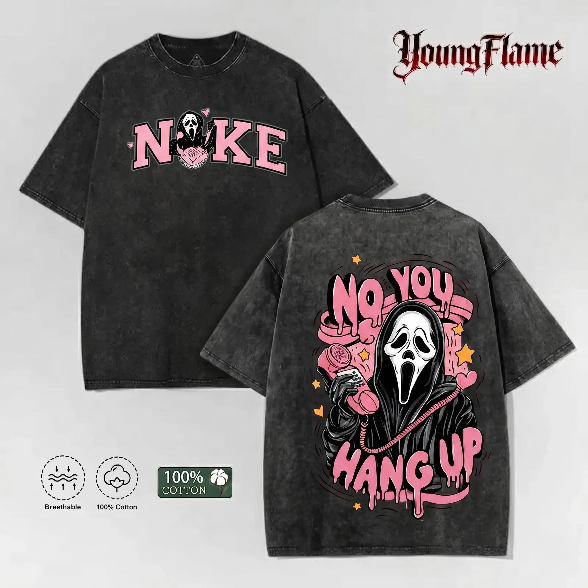 Lirae Vintage Acid Wash No You Hang Up Graphic Tee Creepy Cute Ghost Oversized 100 Cotton Y2K Parody Streetwear Short Sleeved T Shirt Men Cotton Tees Top Vintage Menswear Loose Fit Summer Casual Shirt