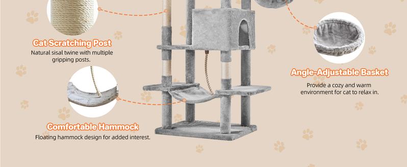 Cat Climbing Shelf, Hanging Basket & Hammock, Pompoms, Stable Kitty Play House, Multi-Level Plush Cat Condo for Indoor Cat,  Durable, Space-Saving Design
