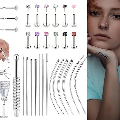2D Flat - 25pcs Stainless Steel Body Piercing Jewelry Set | Taper Ball Grabber Tool, Charm Ear Studs, Nose Studs, Multi-Color, Synthetic Cubic Zirconia Earrings, 14G 16G 18G 20G, Flat Back Earring Applicator Tool