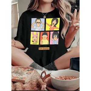 GGOR Bob'S Burgers Graphic Print T-Shirt for Women, Casual Crew Neck, Polyester Knit Fabric with Medium Stretch, Short Sleeve Tee, for All Seasons