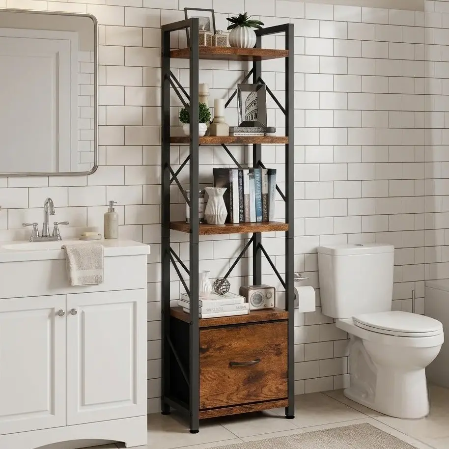 Walsunny 5-Tier Ladder Shelf, Bathroom Ladder Rack Bookshelf/Plant Stand Shelf with Removable Drawer, Rustic Bookcase Storage Rack Organizer, Wood Metal Freestanding Storage Shelf for Living Room, Home Office, Bedroom, Balcony, Home Decor