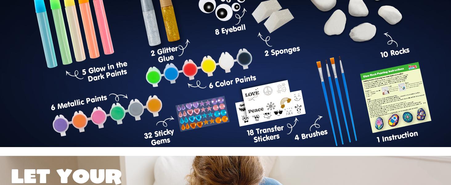 Rock Painting Kit- Glow in The Dark Rock Kit, Arts and Crafts for Kids Ages 6-12, Art Supplies Toy , Kids Craft Paint Kits, Arts & Crafts for Boys Girls Birthday Party Gift Toy
