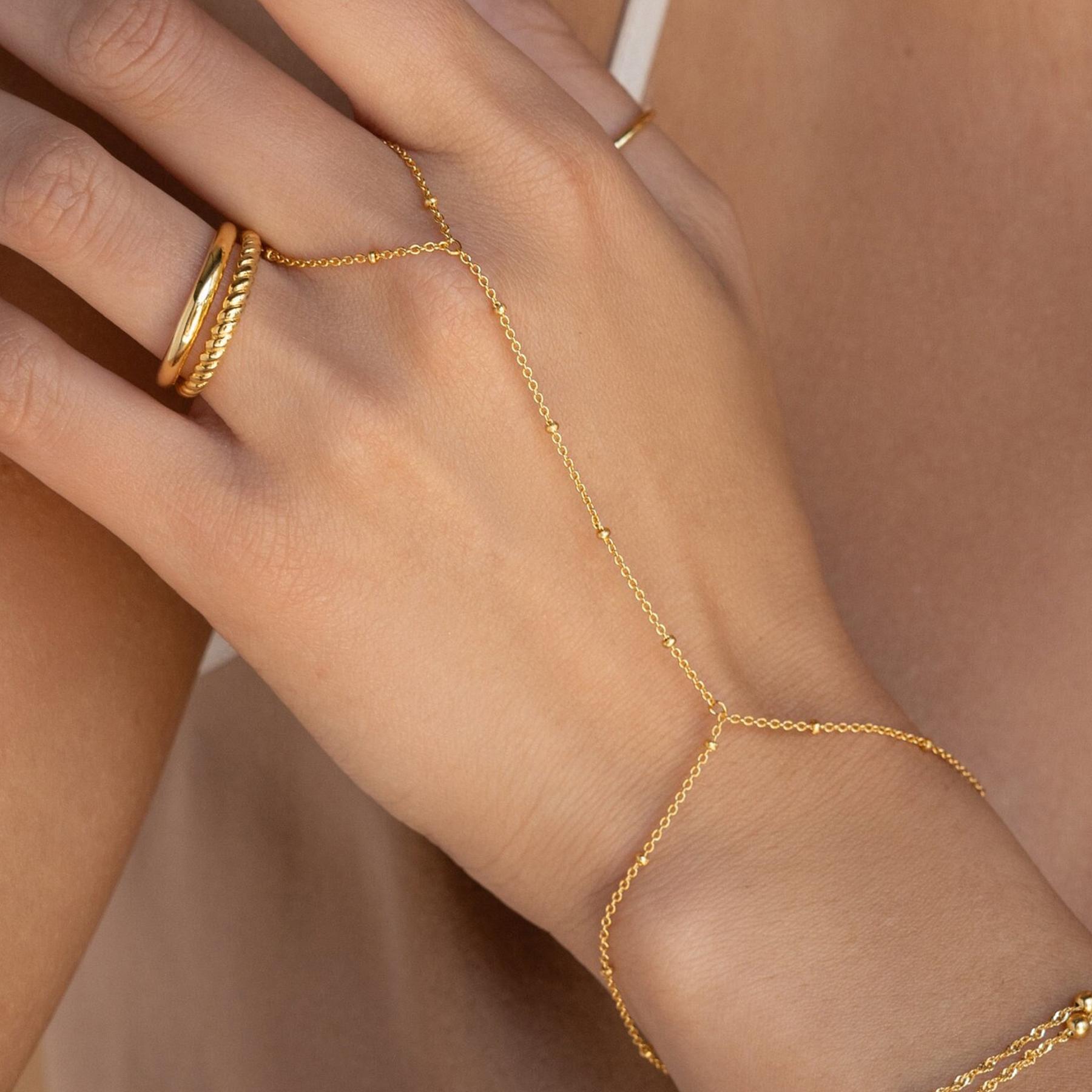 17KM 3Pcs Adjustable 14K Gold-Plated Stack Bracelets - Trendy Dainty Ring Hand Chain
