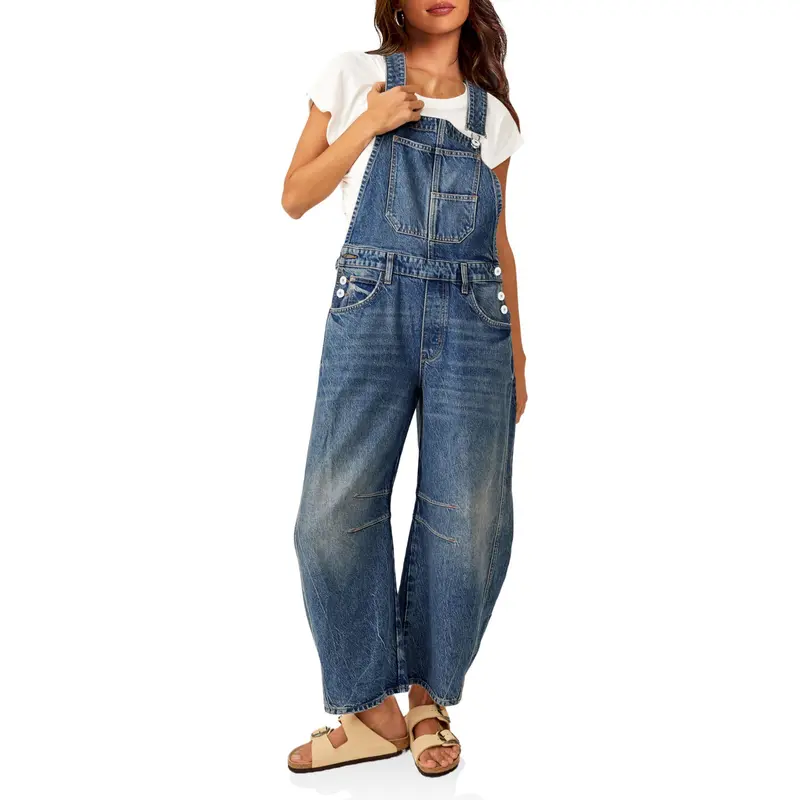 Cicy Bell Womens Denim Bib Overalls Barrel Leg Adjustable Strap Jean Pants Jumpsuits with Pockets