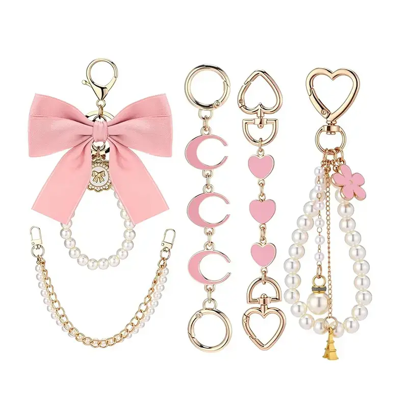 5 Pcs bag chains and charms Bag Extender Chain Pearl Purse Chain Ribbon Bow Keychain Extender Bag Strap Purse Charms Accessories for Handbag Bag charm cute bag charm decorative accessory bag keychain fashion bag charm