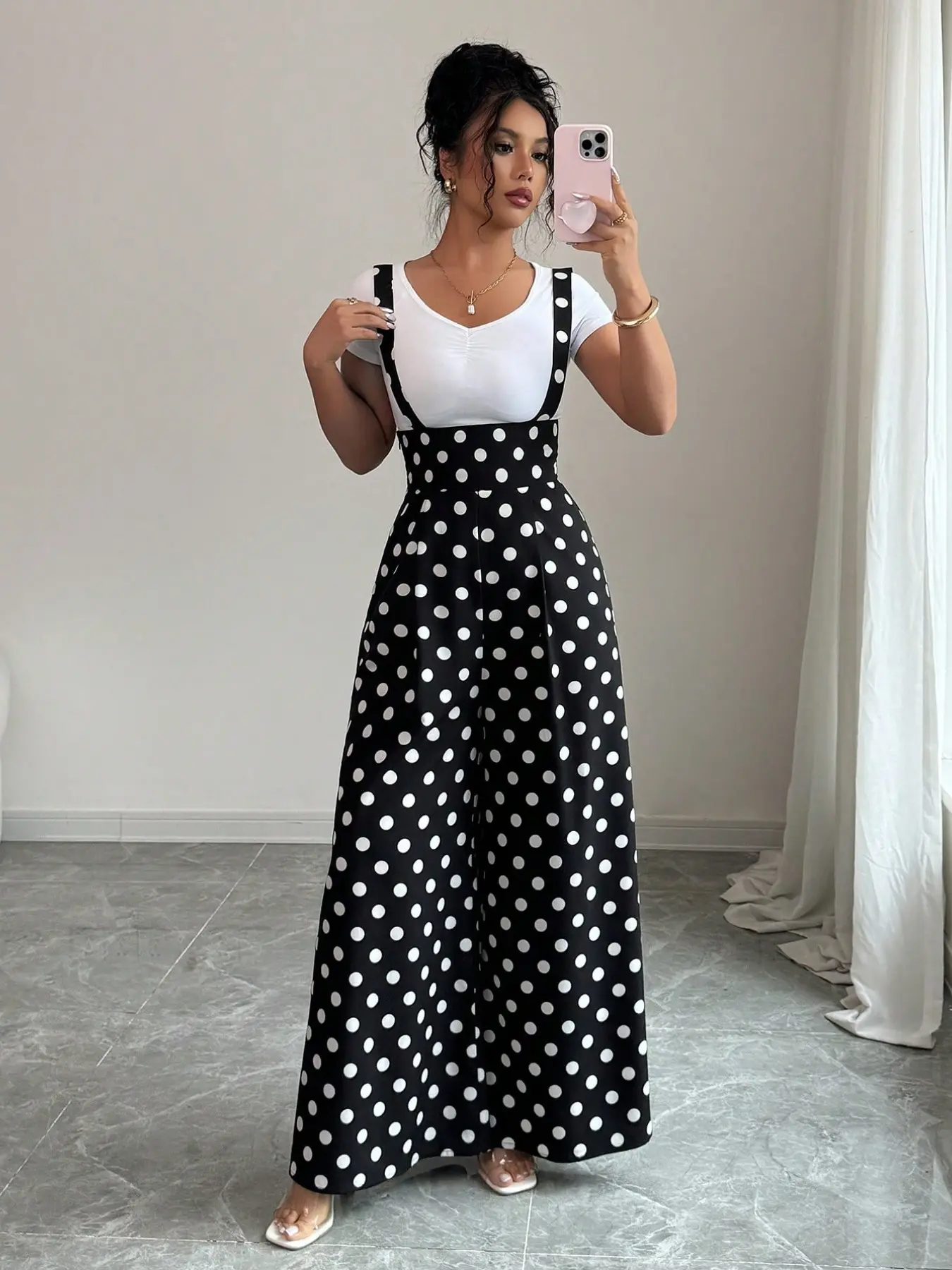 Women's Summer Polka Dot Wide Leg Strap Pants Overalls, Waist Cinch Design, Slimming and Elegant, Comfortable Breathable Fabric, Essential Summer Wear, Casual