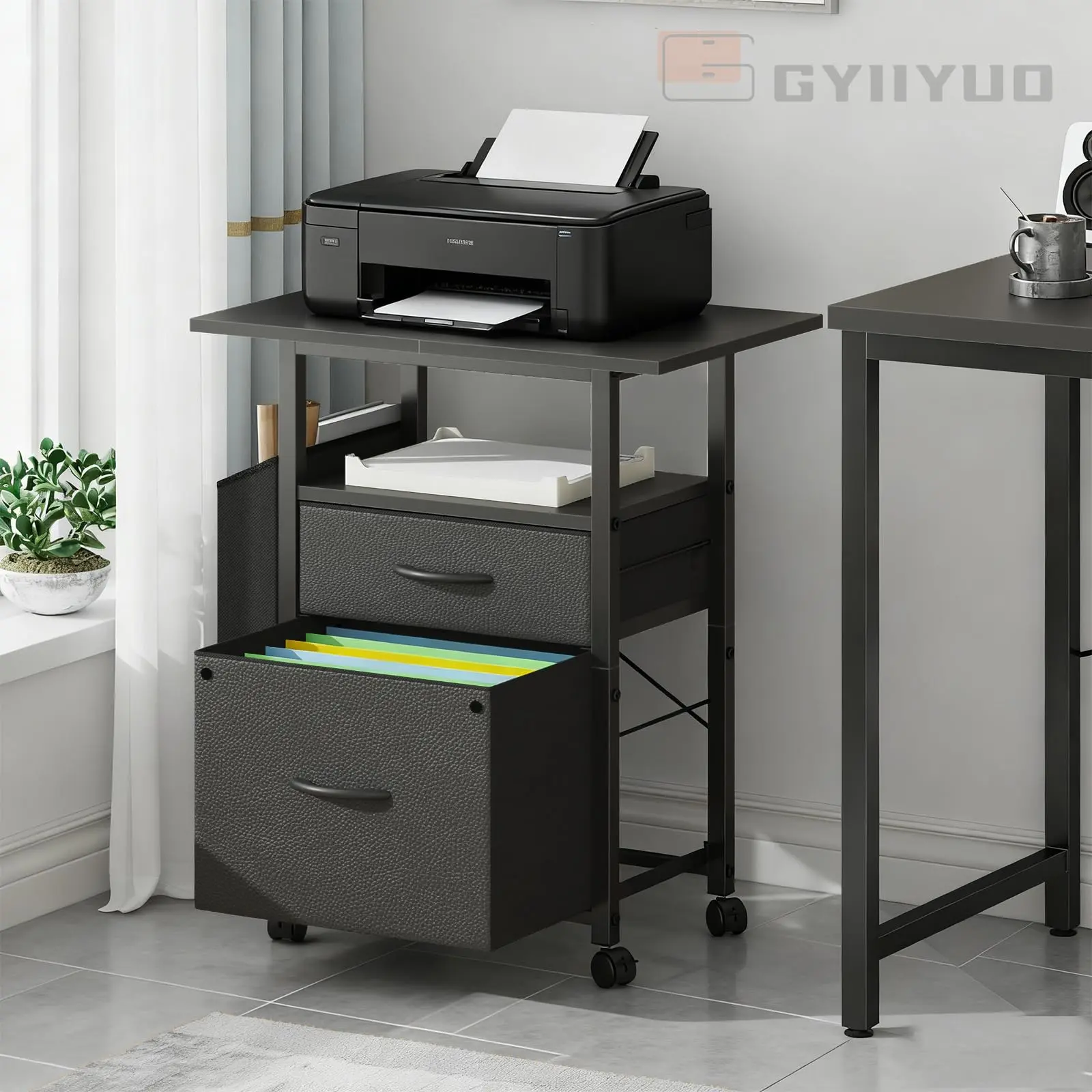 Drawer File Cabinet with 24'' Extended Desktop, Mobile Filing Cabinet, Rolling File Cabinet with Side Bag, Fabric Drawer, Fits A4/Letter Size, Printer Stand Home Office, Black