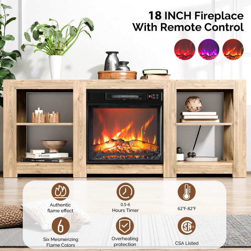 Fireplace Media Console Table for Living Room, Fireplace TV Stand for up to 70'' TVs, Modern Entertainment Center with 18'' Electric Fireplace Heater