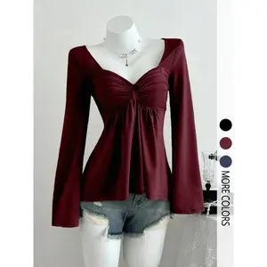 Women's casual V-neck front knot long sleeved T-shirt, a multifunctional new style, suitable for both casual and formal office commuting occasions.