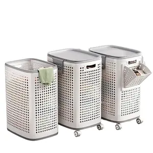 Colourtree Rolling Laundry Hamper with Lid, 58L/70L Perforated Plastic Basket with Wheels, Storage Bin with Handle, White