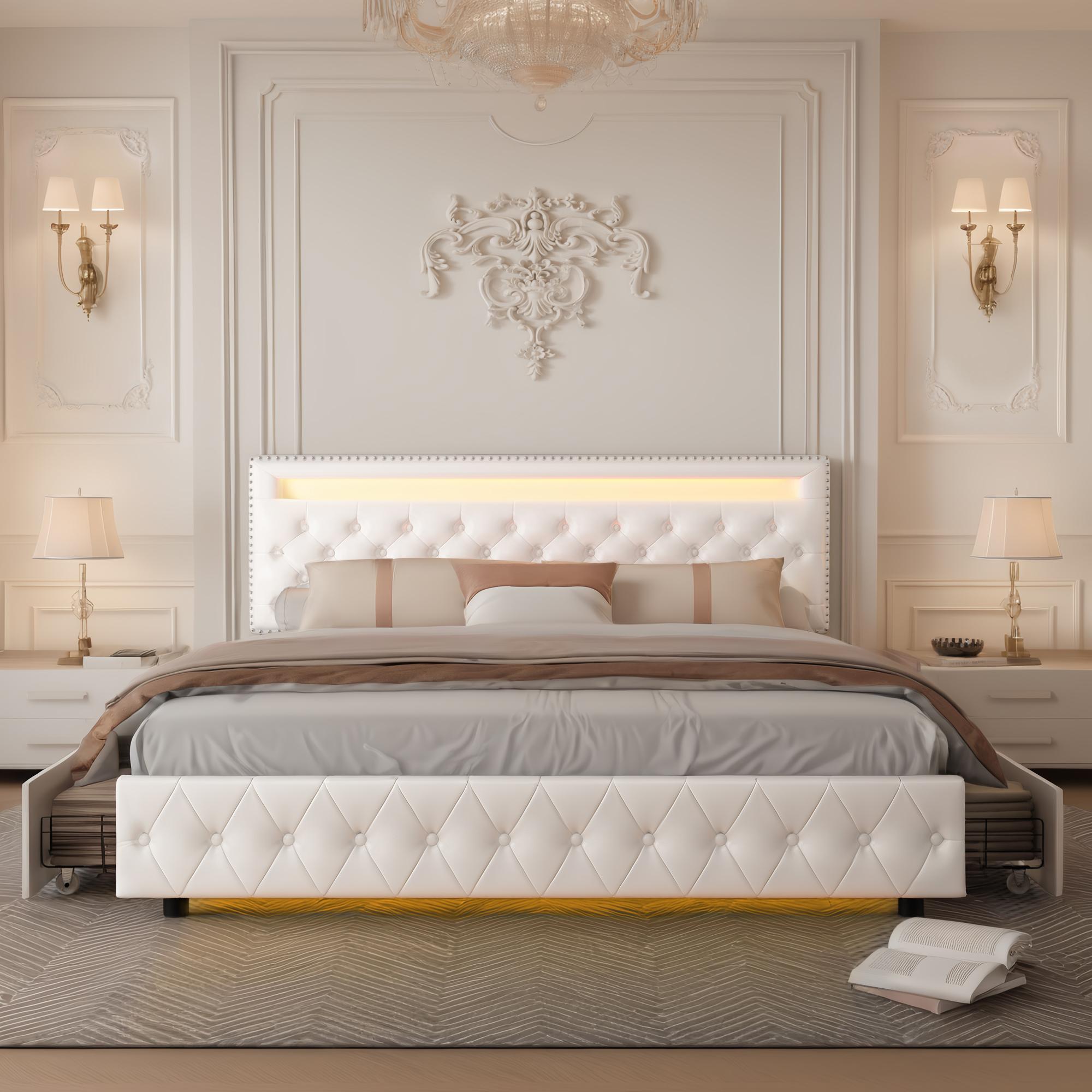 GEGOFORU Queen LED Bed Frame with Storage Drawers – Smart RGB Lights, Adjustable Upholstered Headboard, Modern Platform Bed, No Box Spring Needed | Christmas Gift