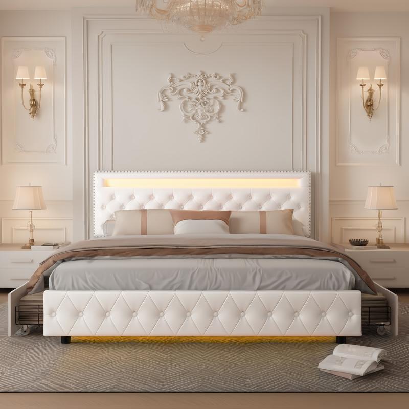 GEGOFORU Queen LED Bed Frame with Storage Drawers – Smart RGB Lights, Adjustable Upholstered Headboard, Modern Platform Bed, No Box Spring Needed | Christmas Gift